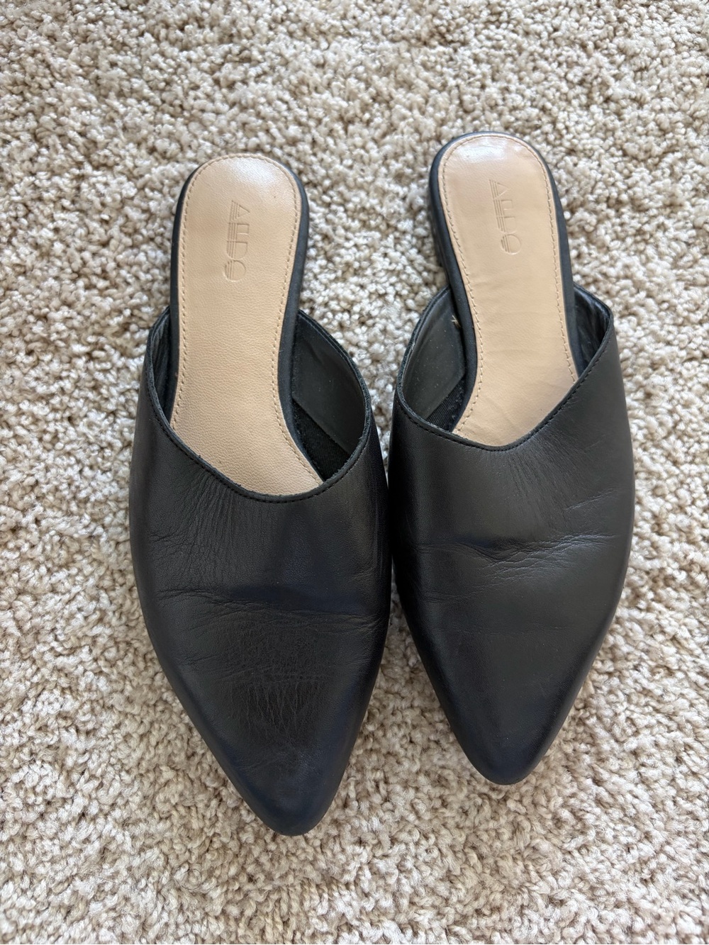 Aldo Black Leather Pointed Mule Slides